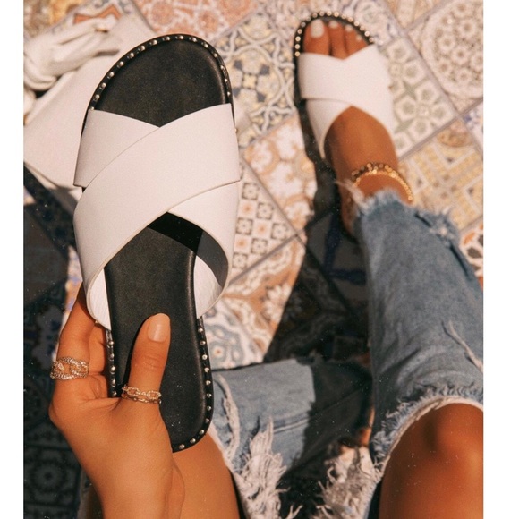 Shoes - White X Band Studded Slide Flat Sandals